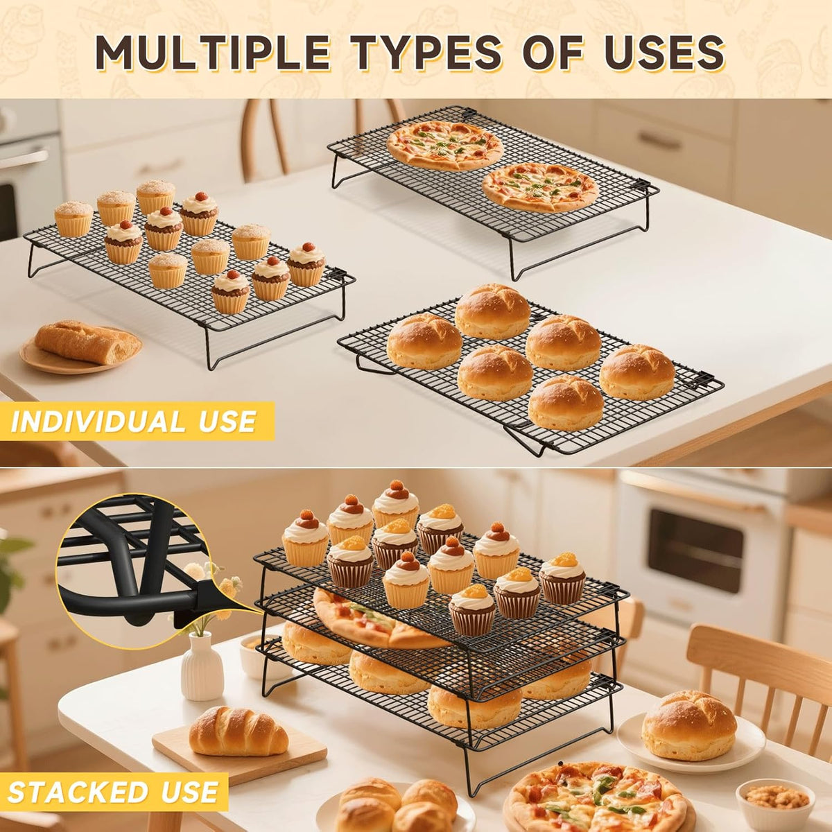 SHOUNAJIA Cooling Rack for Cooking and Baking, 3-Tier Stackable Wire Cooling Rack with Legs for Cooling Cookie, Pizza, Cake, Baking Paper 100 Pcs, 17" x 11", L