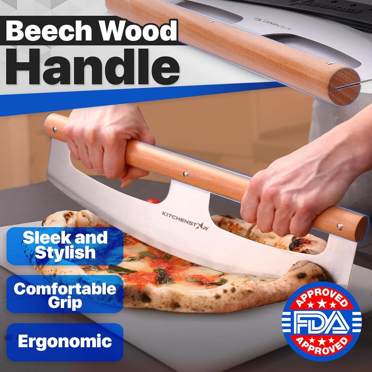 KitchenStar 14-Inch Pizza Cutter Rocker Blade - Razor Sharp Stainless Steel Slicer Knife, Stylish Beech Wood Handle, Protective Cover - Professional Pizza Oven Accessories, Silver