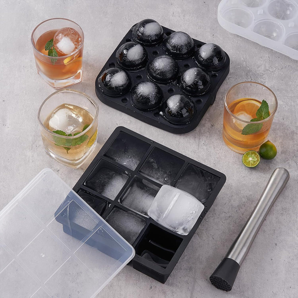 Wanderworld Ice Tray Combo, Silicone Reusable 2 inch Big Ice Freezer Mold, 9 Cubes& 9 Sphere Ice Maker tray with lid for Whiskey, 2 pack.