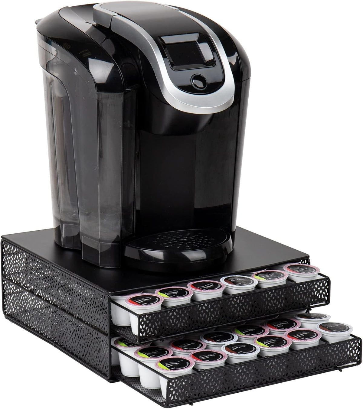 Mind Reader Single Serve Coffee Pod Organizer with 2 Drawers, 72 Pod Capacity, Metal Mesh, 13"L x 12.75"W x 5"H, Black