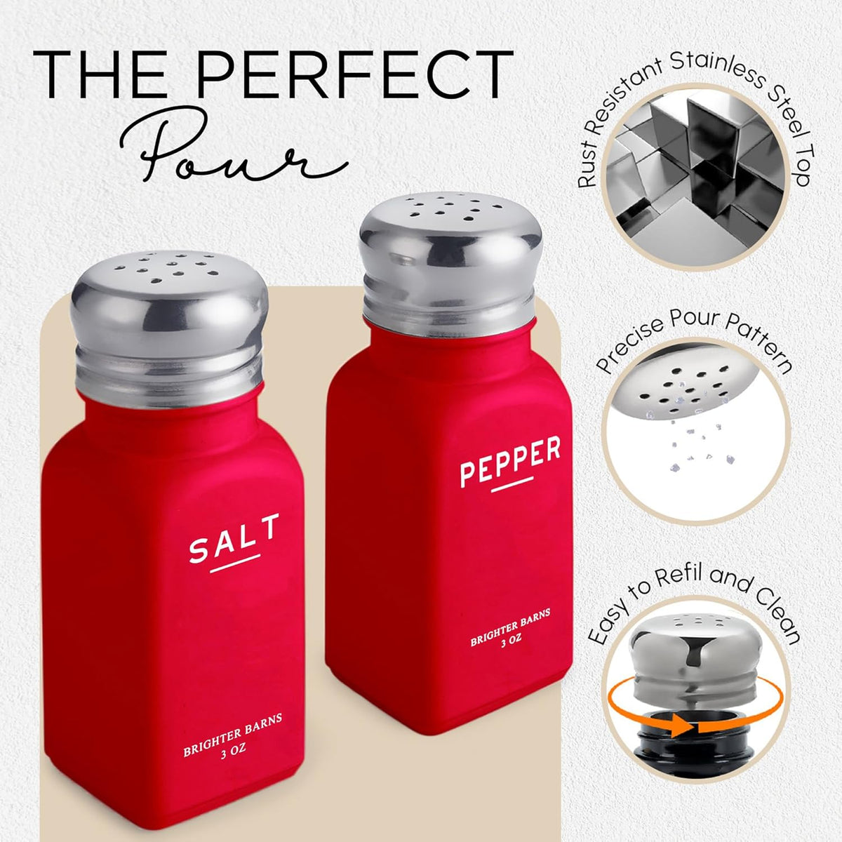 Red Salt and Pepper Shakers Set by Brighter Barns - Modern Red Kitchen Decor, Red Kitchen Accessories - Cute Glass Salt and Pepper Set with Stainless Steel Lids for Kitchen, Restaurants, Gifts (Red)
