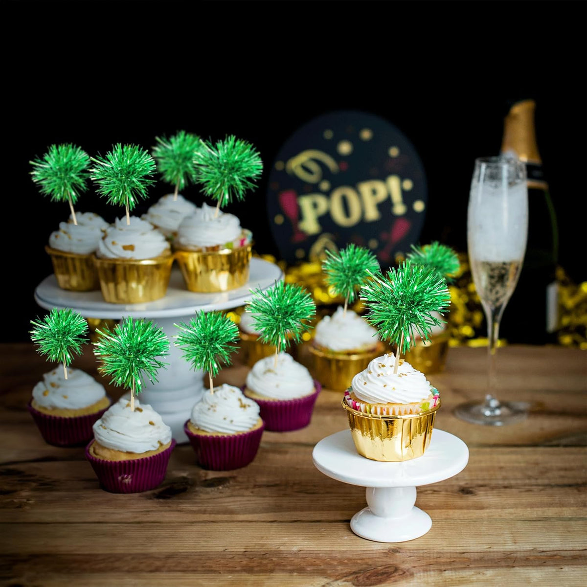 Gyufise 30Pcs Foil Firework Cupcake Toppers Sparkle Tinsel Cake Toppers Tinsel Drink Cake Decoration Cocktail Picks for Birthday Wedding Graduation Party Supplies Dark Green