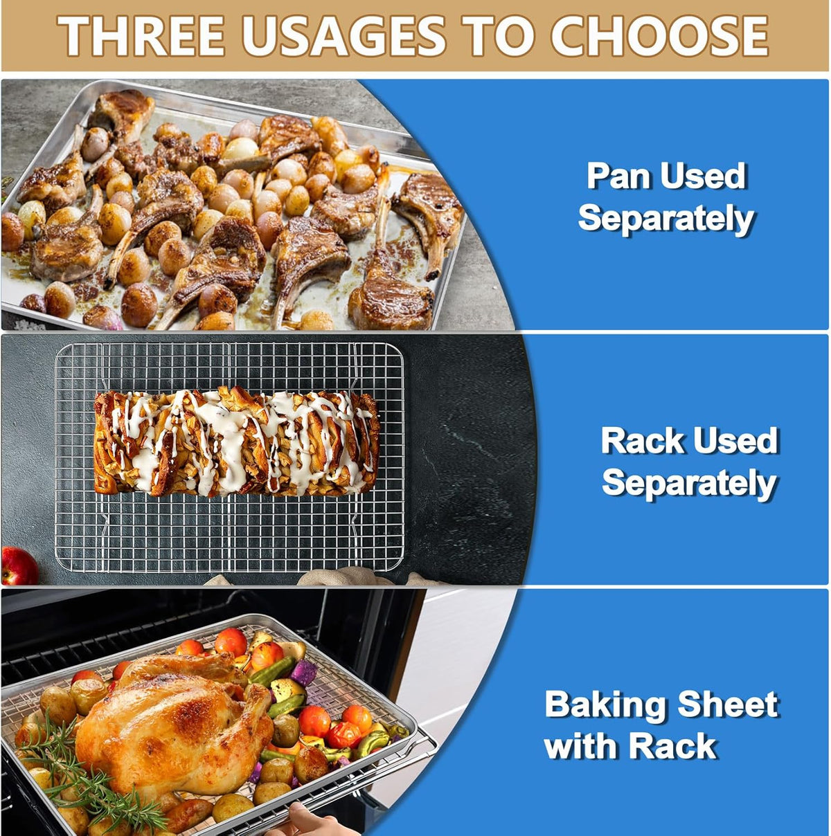 P&P CHEF 17.5 + 16 + 10.4 Inch Baking Sheet and Rack Set, Stainless Steel Cookie Sheets Oven Baking Pans Trays with Cooling Racks for Cooking & Roasting, Oven & Dishwasher Safe, (6Pcs)