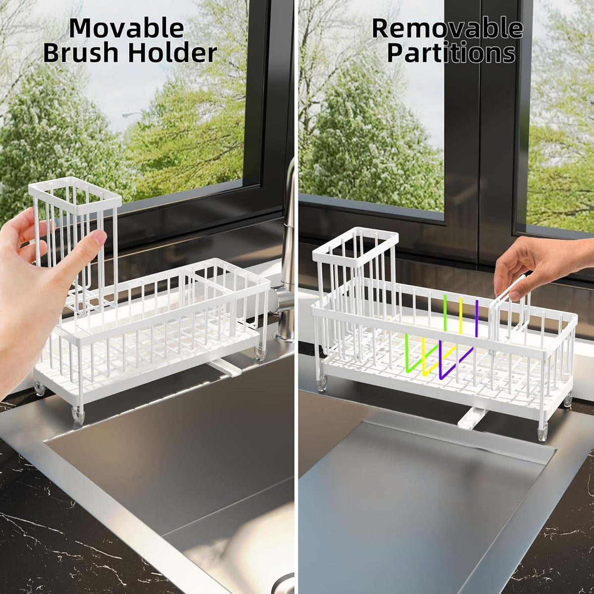 Moforoco Extra Large Kitchen Sink Caddy, Rustproof Sponge Holder for Kitchen Sink with High Brush Holder, Stainless Steel White Kitchen Caddy Sink Countertop Organizer, Sponge Caddy for Kitchen Sink