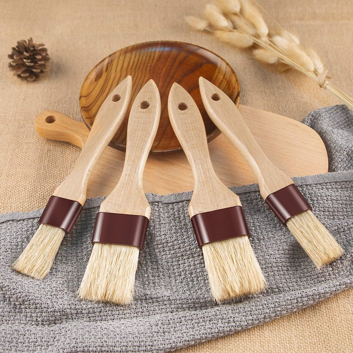 Pastry Brushes for Baking & Grilling, Boar Bristles & Beech Wood Handles, 4PCS (2*1 Inch & 2*1.5 Inch)