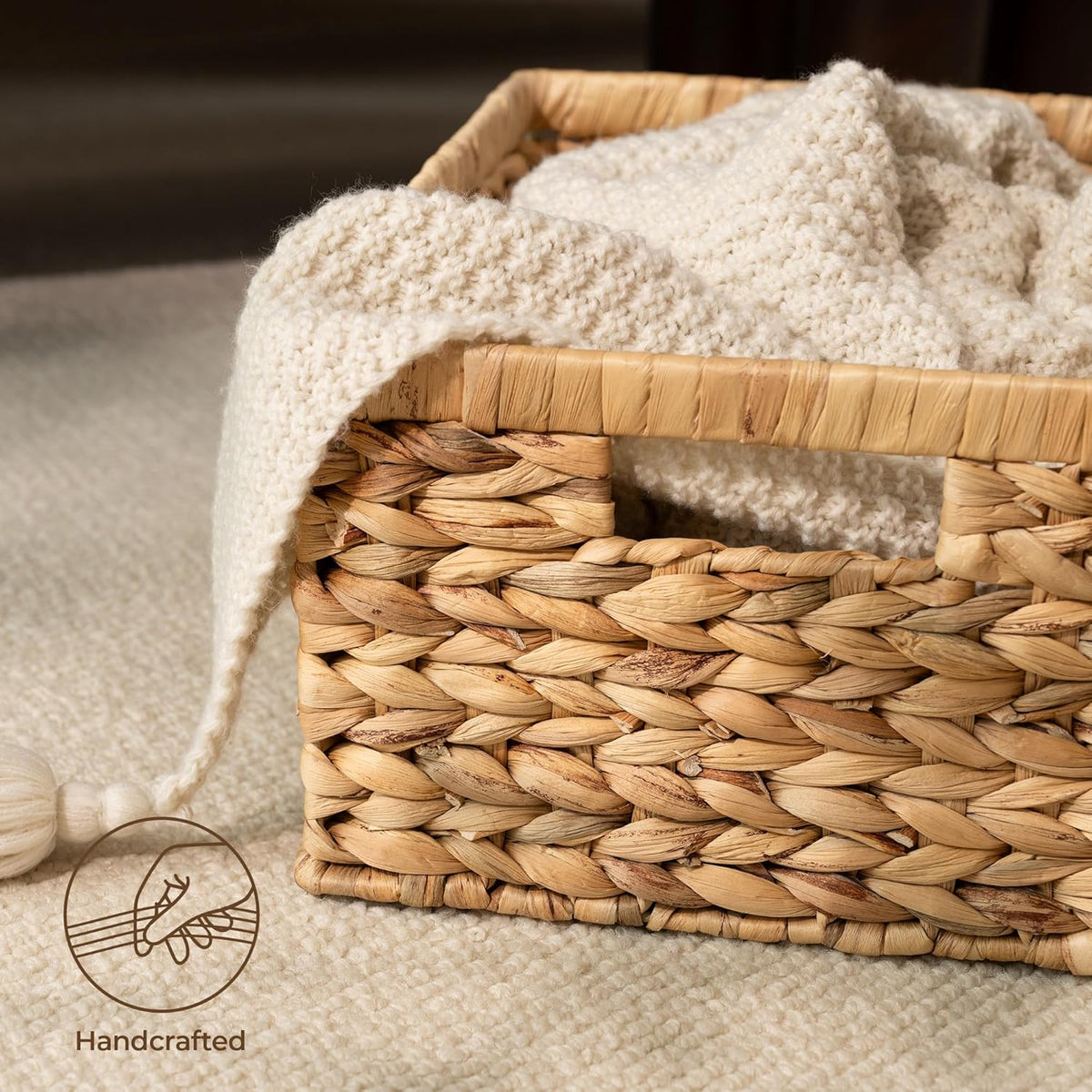 StorageWorks Wicker Storage Baskets, Handwoven Water Hyacinth Basket for Organizing, Decorative Organizers with Built-in Handles, Set of 2