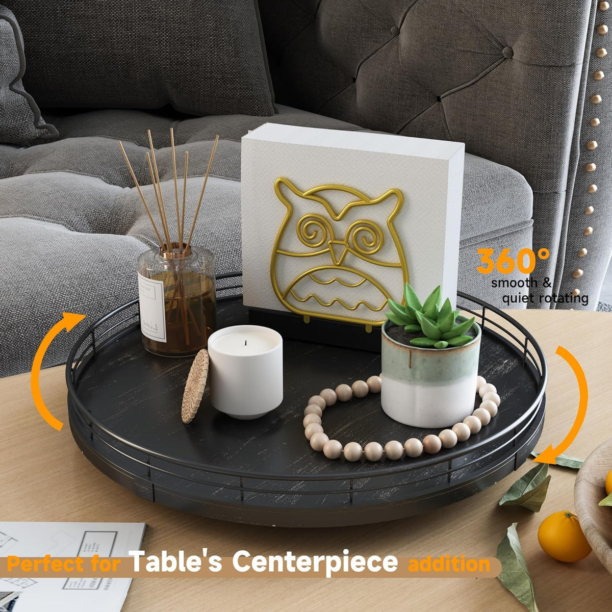 13" Oak Bathroom Vanity Tray Turntable for Perfume Candle, Round Wooden Decorative Tray for Kitchen Sink Countertop Organizer, Bathroom Counter Organizer for Skincare Makeup, Farmhouse Black Gold