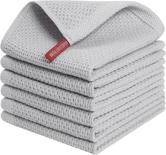 Kitinjoy 100% Cotton Kitchen Dish Cloths, 6 Pack Waffle Weave Ultra Soft Absorbent Dish Towels for Drying Dishes Quick Drying Kitchen Towels Dish Rags, 12 X 12 Inches, Light Grey