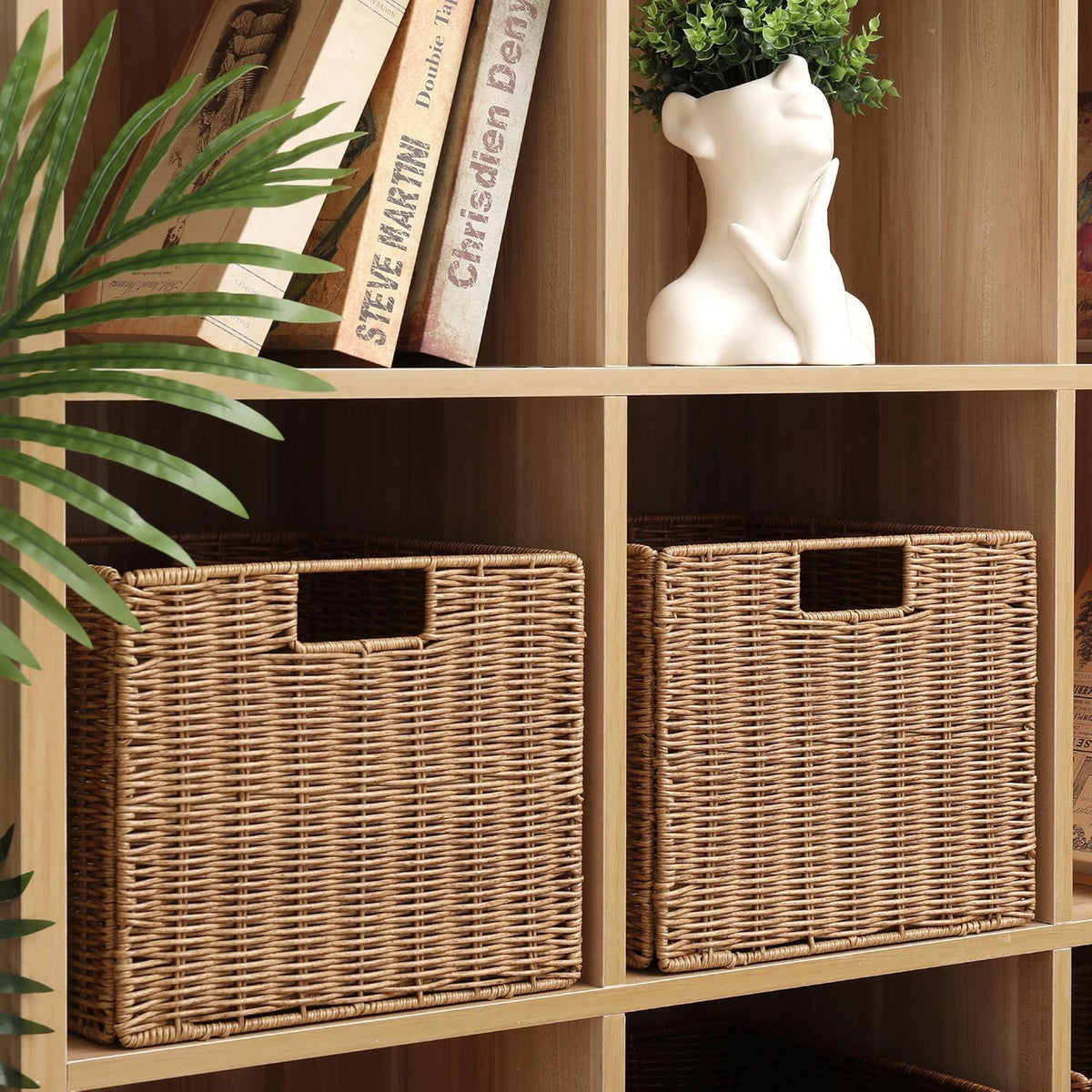 12X12X10in Plastic Wicker Storage Basket, Collapsible Wicker Cube Storage for Shelves, Woven Plastic Storage Basket for Pantry, Bedroom, Living Room, Bathroom, Shelves(Natural)