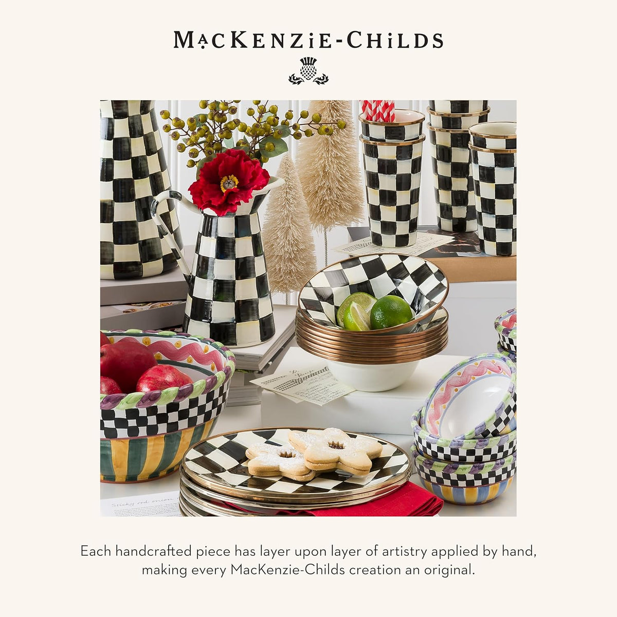 MACKENZIE-CHILDS Enamel Salad Serving Set, Enamel Bowl and Wooden Salad Servers, Decorative Kitchen Set, Black-and-White Courtly Check