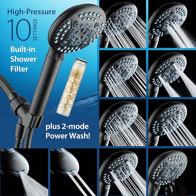 AquaCare 4X High Pressure 10-mode Filter Handheld Shower Head with Dual Power Wash - Clean Tub, Tile & Pets, Remove Chlorine, Metals & Toxins from Water to Protect Skin, Hair & Nails. Matte Black
