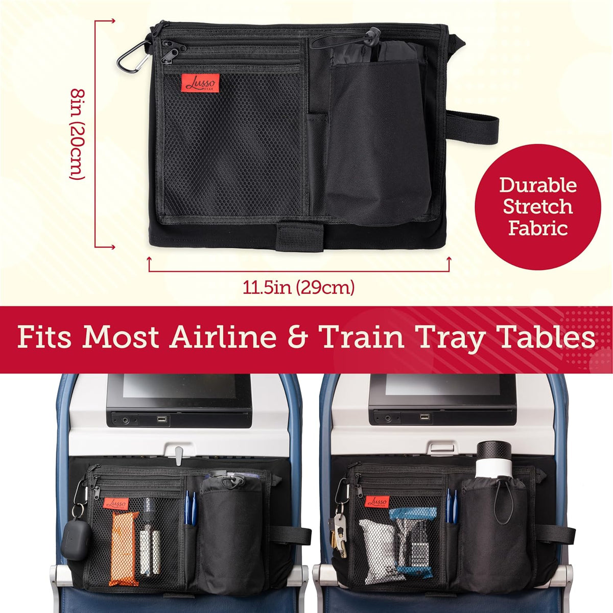 Lusso Gear Premium Black Airplane Tray Table Cover with 5 Compartments - Sanitary, Machine-Washable, Foldable - Black