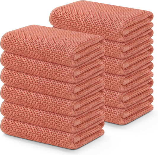 Kitinjoy 100% Cotton Waffle Weave Kitchen Towels, 12-Pack Super Soft and Absorbent Dish Towels for Drying Dishes, Kitchen Hand Towels, 13 in x 28 in, Coral