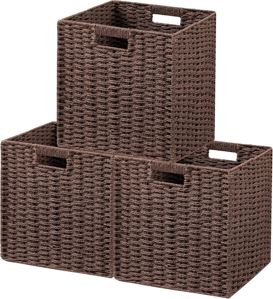 UBBCARE 3 Pack Wicker Basket, 11L×11H×10.5W inch Woven Paper Rope Storage Baskets for shelves, Foldable Cube Storage bin with Handle, Storage Basket for Organizing & Decor, Brown