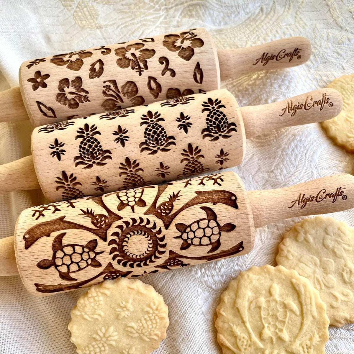 HAWAII 3 KID Rolling Pin SET. Wooden Laser Cut Mini Rolling Pins for cookies, play dough, salt dough by Algis Crafts