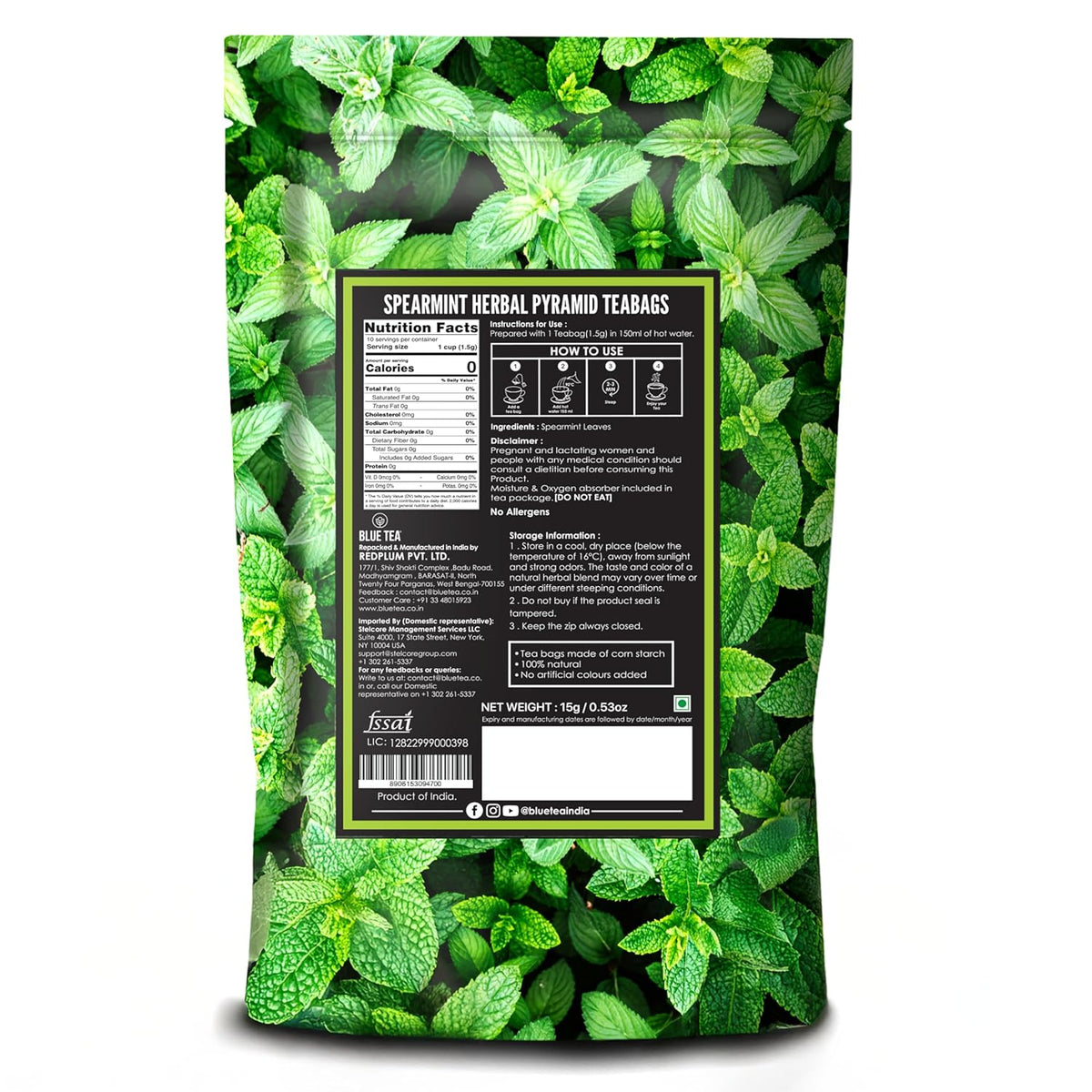 BLUE TEA - Spearmint Tea - 10 Count - Pyramid Plant Based Tea Bag | PCOS RELIEF | Balances Hormones - Support Digestion | Refreshing Flavour - Herbal Tea - Leaf Based - Caffeine free | Ziplock Pouch