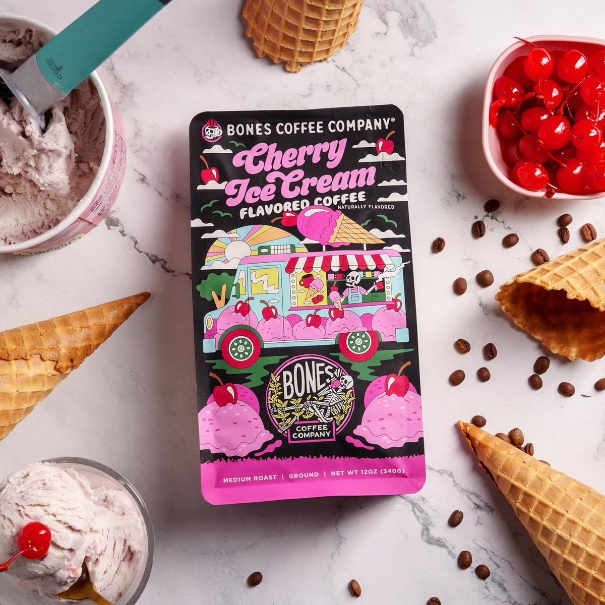 Bones Coffee Company Cherry Ice Cream Flavored Coffee, Medium Roast Low Acid Arabica Beans Compatible with Auto drip and French Press Coffee Maker, 12 Oz Whole Bean