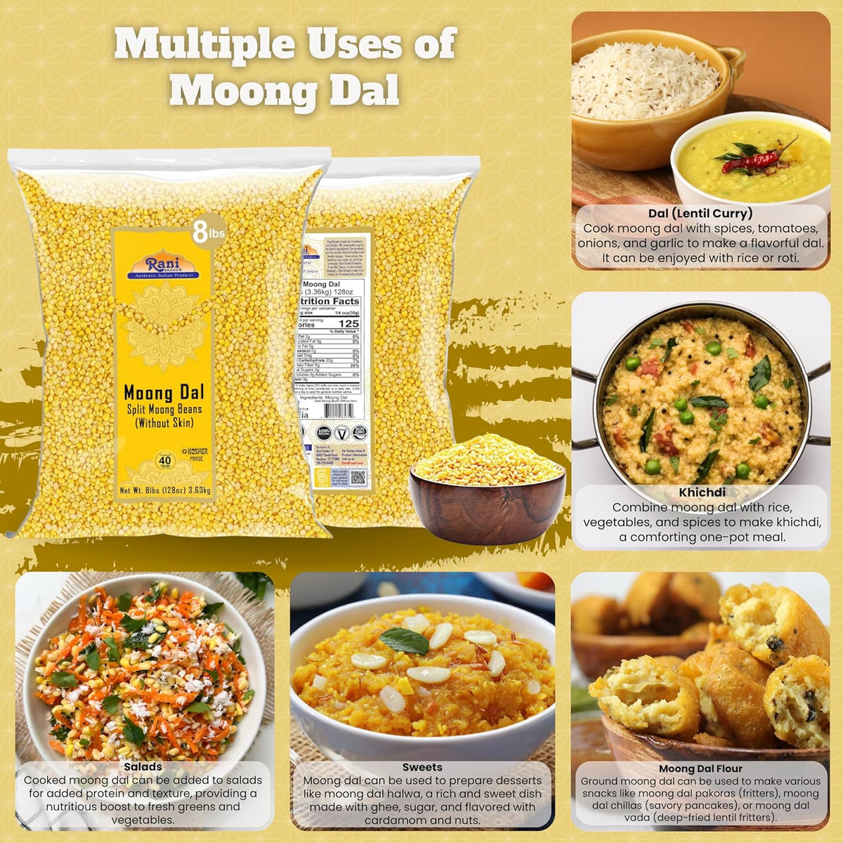 Rani Moong Dal (Split Mung Beans Without Skin) Lentils Indian 128oz (8lbs) 3.63kg Bulk ~ All Natural | Gluten Friendly | Non-GMO | Kosher | Vegan | Indian Origin