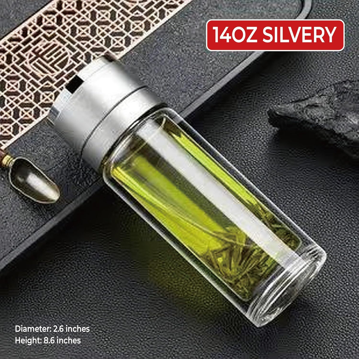Glass Water Bottle Fits in Car Cup Holder, 14 oz Double Wall Borosilicate Glass Tea Infuser Bottle, One Handed One Key Lid Opening, for Car, Home, Office