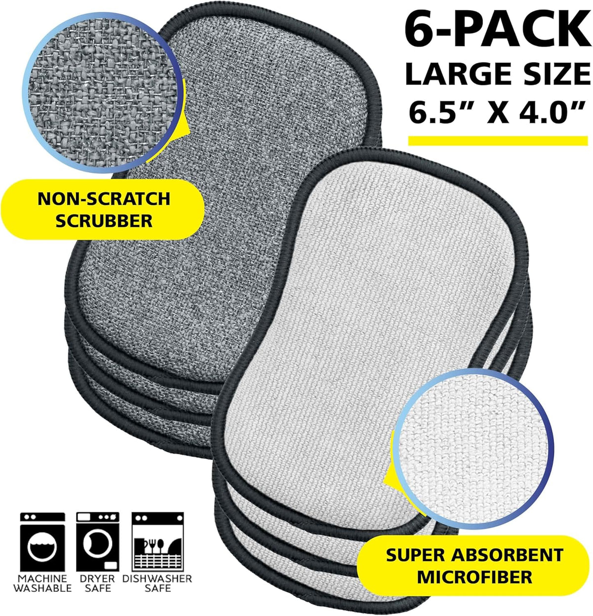 Fresh Scrub-N-Wipe Pad by Tuff-Scrub, 6-Pack, Antimicrobial & Charcoal Foam for Odor Control, Microfiber, Multi-Surface, Non-Scratch, Dual-Sided, Machine Washable, Kitchen Sponge (Large)