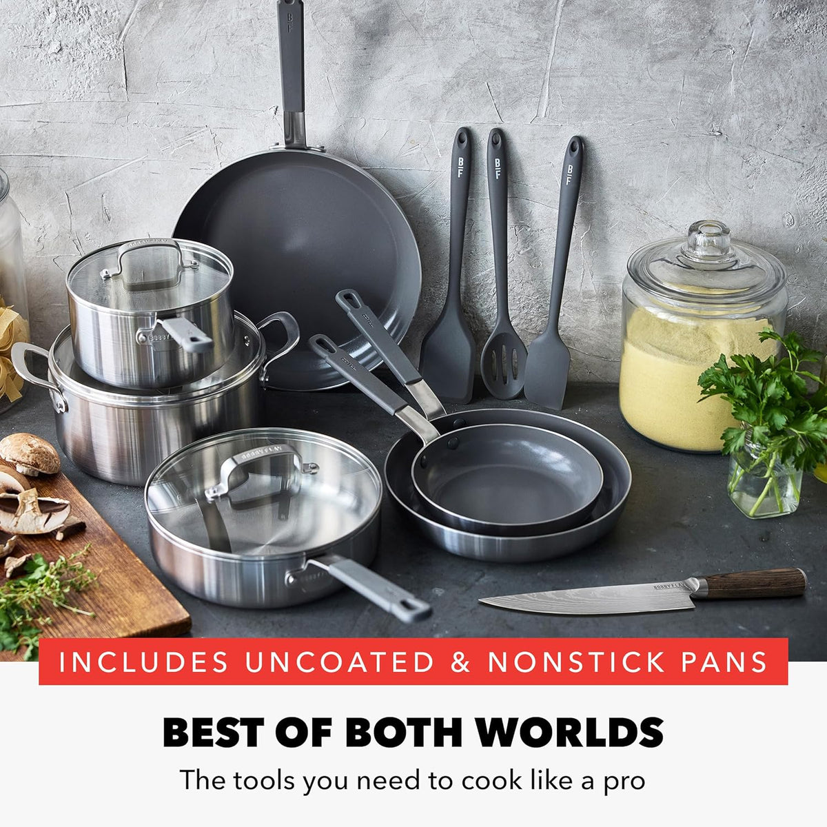 GreenPan x Bobby Flay Stainless Steel 12 Piece Cookware Pots and Pans Set and 8" Chef's Knife, Professional Grade Tri Ply, PFAS-Free Ceramic Nonstick, Induction Suitable, Dishwasher & Oven Safe