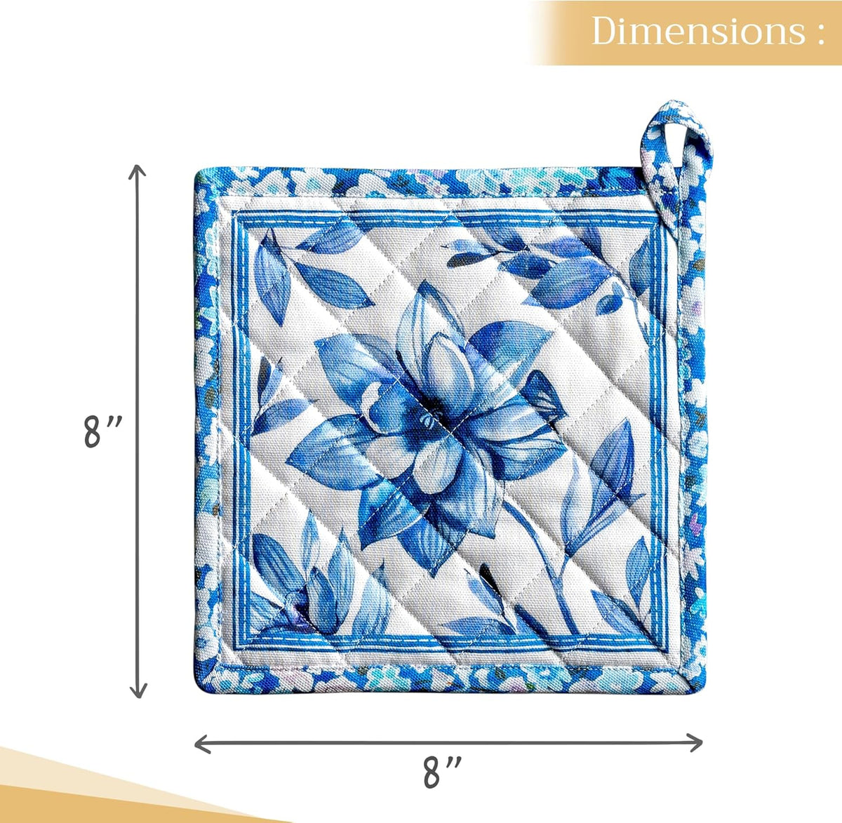 Maison d' Hermine Pot Holders 100% Cotton Heat Resistant Potholders 8" x 8" Hot Pads with Loop BBQ, Cooking, Baking, Grilling, Kitchen, Handling Hot Pans Spring/Summer (Pack of 1, Summer Blues)