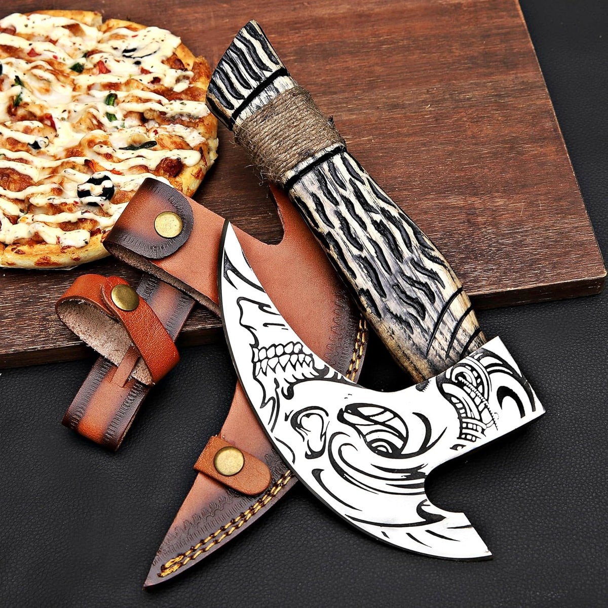MR. CRAFT Pizza Cutter Axe Rocker Carbon Steel Slicer Chef Pizza Cutter Viking Axe with Leather Cover - Premium Pizza Oven Accessories Ulu Rocking Pizza Gift Gifts for Men (King Skull)