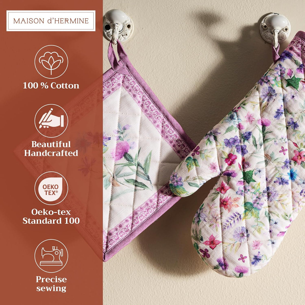 Maison d' Hermine 100% Cotton Oven Mitt & Pot Holder Set (7.5"x13" & 8"x8") Heat Resistant BBQ Cooking Gloves with Loop, Baking, Grilling, Kitchen, Handling Hot Pans Spring/Summer (Chardon)