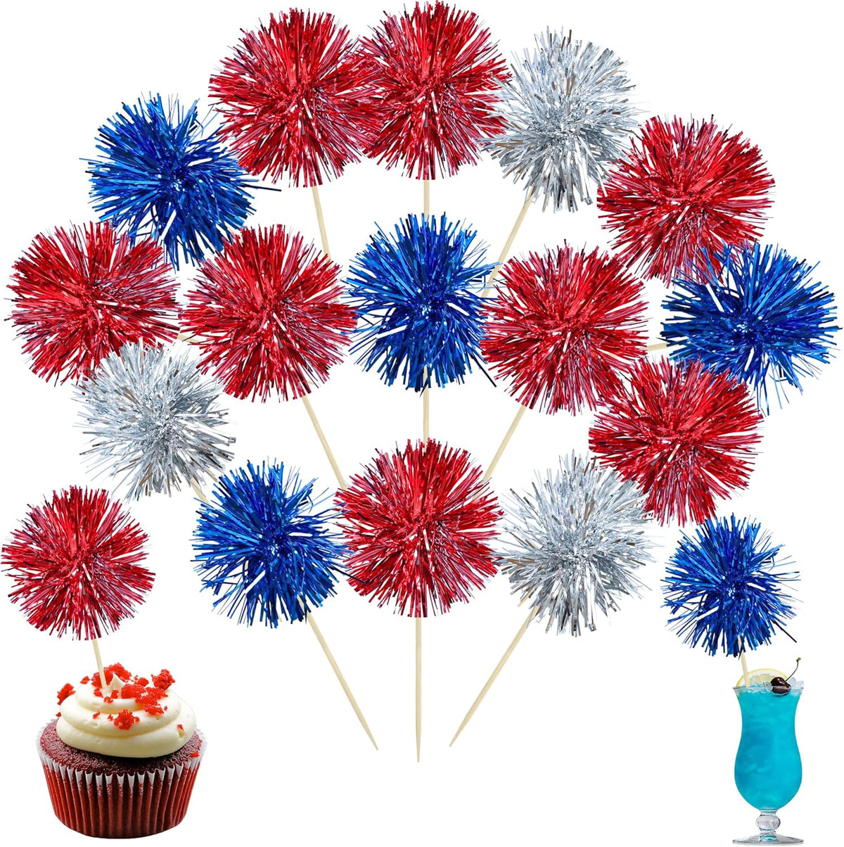 Ephlyn 30Pcs Foil Firework Cupcake Toppers Sparkle Tinsel Cupcake Picks Happy Birthday Cake Toppers Drink Cocktail Food Fruit Toothpicks for Baby Shower Birthday Party Supplies Red Silver Dark Blue