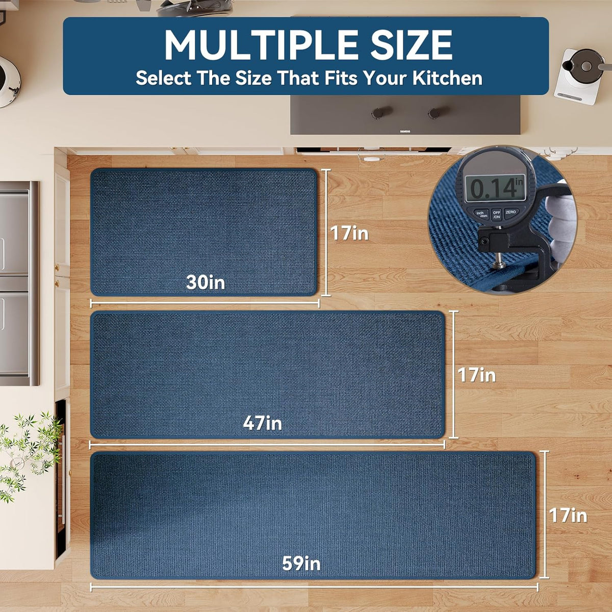 Kitchen Mats for Floor, Super Absorbent Kitchen Rugs Non Slip Washable, Soft Imitation Linen Braided Kitchen Runner Rug, Standing Mat Kitchens Sink Mat, Easy to Clean, Blue 17x95