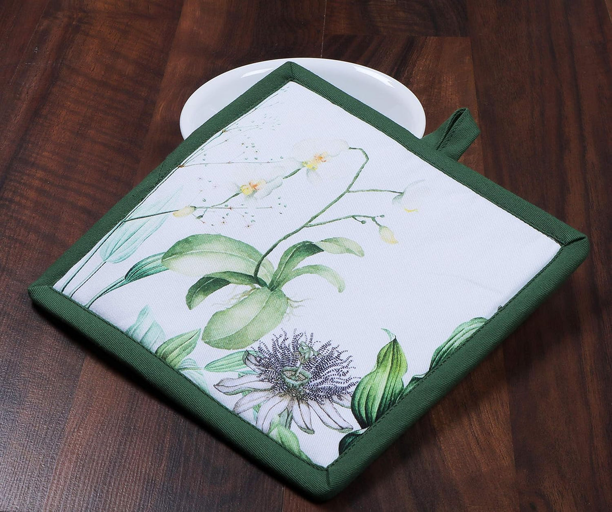 AMOUR INFINI Pot Holders Heat Resistant Cotton Set of 2 Nonslip 8"x8" Inch Hot Pads for Kitchen, BBQ, Baking & Cooking with Hanging Loops (Floral Shrubs)