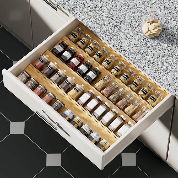 Bamboo Spice Drawer Organizer - 8 Pack 13"x4.7"x1.6" Spice Rack Tray - Spice Jars Drawers Insert - Seasoning Organizer for Drawers/Countertop (Jars not included)…