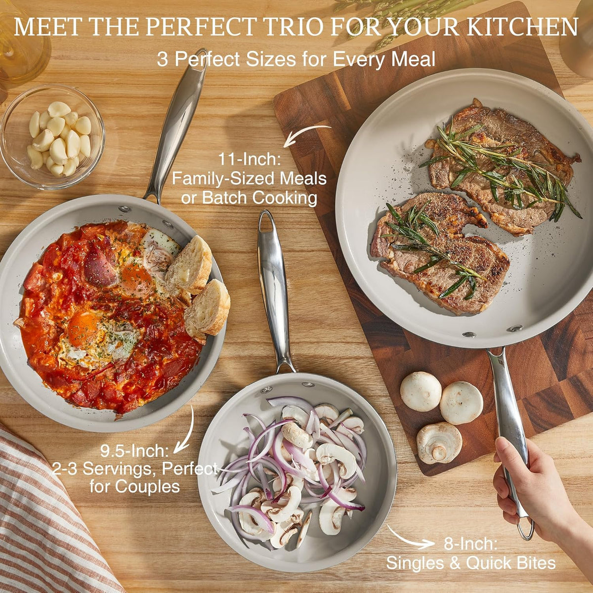 KITEXPERT Non Stick Frying Pans Set, Titanium Ceramic Pan Skillet Set Non Toxic, 8" 9.5" 11" Nonstick Frying Pan, Stainless Steel Handle, Dishwasher & Oven Safe, PFAS & PTFE & PFOA Free, Cream