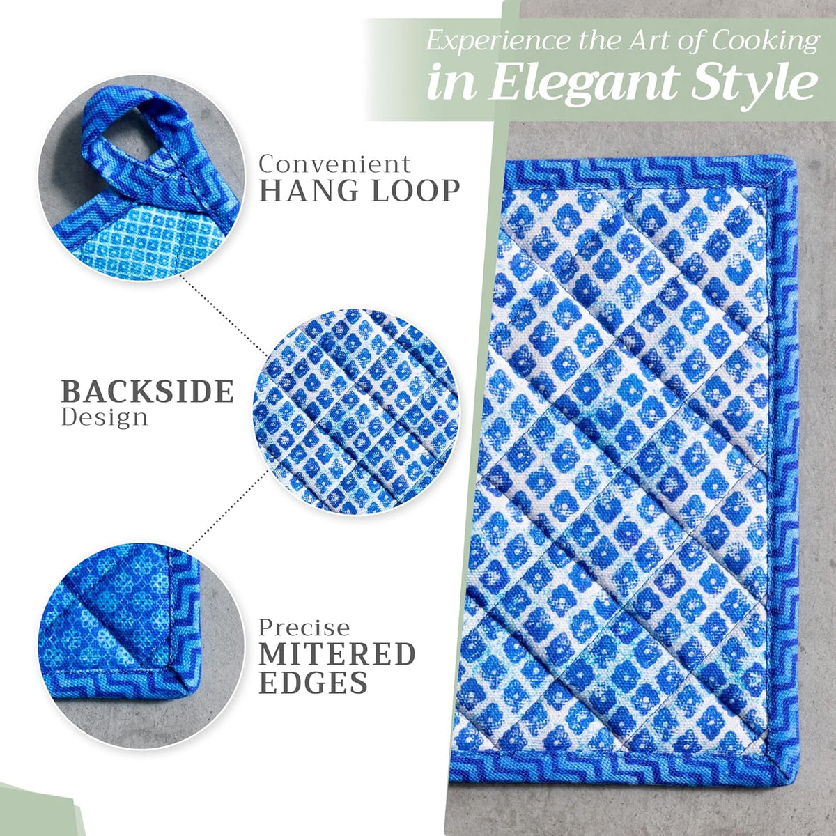 Maison d' Hermine Pot Holders Set 100% Cotton Heat Resistant Potholders 8" x 8" Hot Pads with Loop BBQ, Cooking, Baking, Grilling, Kitchen, Handling Hot Pans Spring/Summer (Pack of 2, Indigo Love)