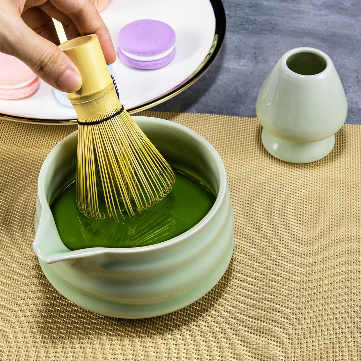 Marce Matcha Whisk Set- Matcha Set includes Matcha Whisk and Bowl with Spout, Sifter, Holder and Scoop- The Perfect Bamboo Whisk for Matcha Tea (Green)