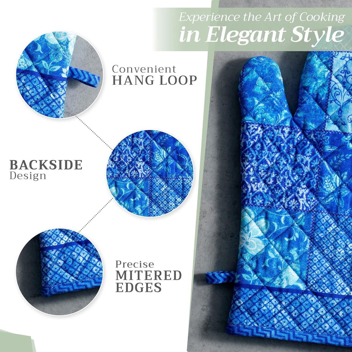 Maison d' Hermine 100% Cotton Oven Mitt & Pot Holder Set (7.5"x13" & 8"x8") Heat Resistant BBQ Cooking Gloves with Loop, Baking, Grilling, Kitchen, Handling Hot Pans Spring/Summer (Indigo Love)