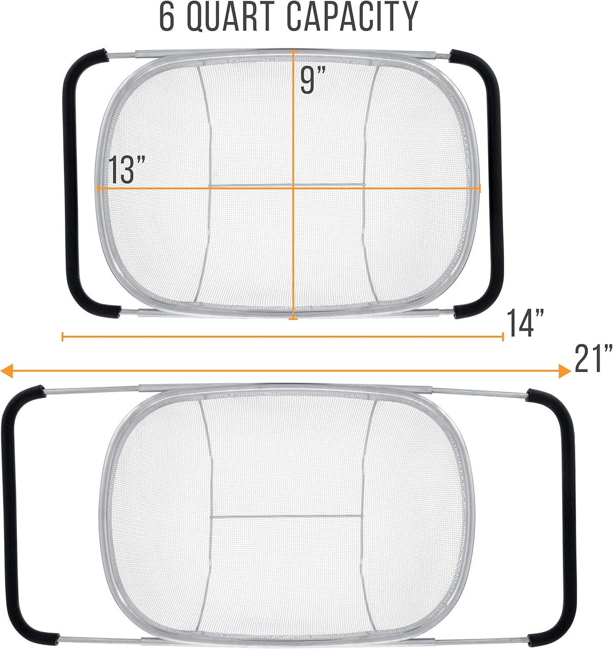 U.S. Kitchen Supply Stainless Steel Colander Strainer - 6-Quart Collapsible Colander with Expandable Rubber Handles - Rectangular Sieve, Fine Mesh Stainless Steel Strainers and Colanders for Kitchen