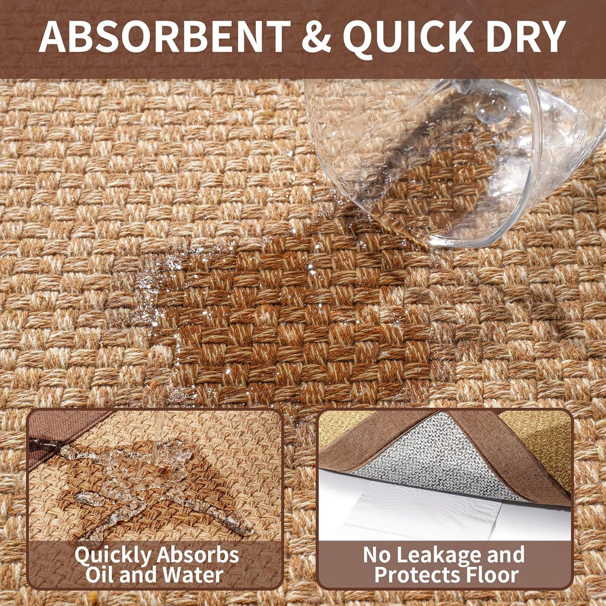 Kitchen Rugs Non Slip Washable, Super Absorbent Kitchen Mats for Floor, Rubber Backing Jute-Like Braid Kitchen Sink Mat Runner Rug Standing Floor Mat, Easy to Clean, Brown 17"x47"