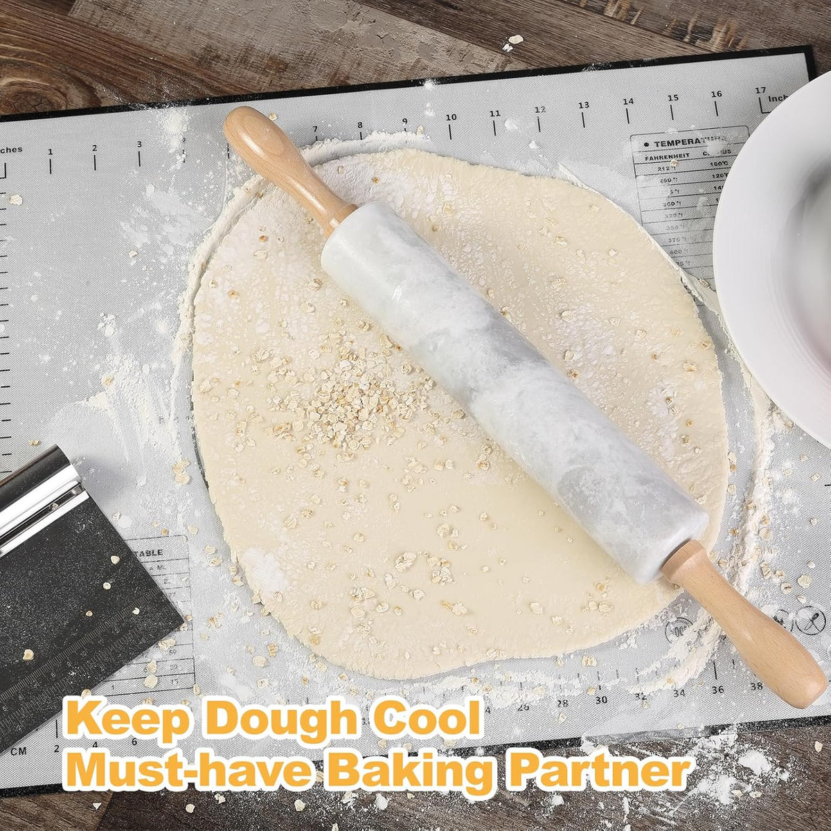 Koville African Natural Marble Rolling Pin, Non-Stick Polished Dough Roller, Pasta, Dumpling, Fondant, Pie Crust, Bread, Pizza Dough, Kitchen Baking Pastry Tools with Mat/Scraper(Grigio Fantasy)