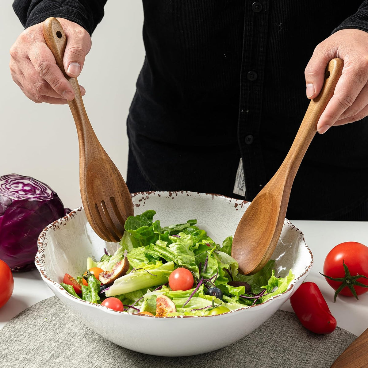Wood Salad Servers, 10.5-inch Salad Spoon and Fork Serving Set, Set of 2 Wood Salad Serving Set, Wood Salad Tongs Salad Serving Tossing Utensils for Kitchen Stirring Mixing and Cooking