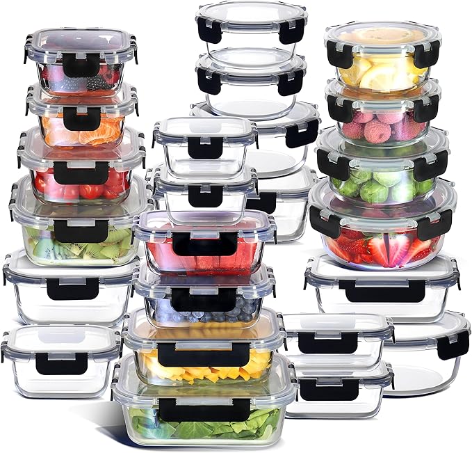EATEX 48pc Glass Storage Containers with Lids, 24 Set Glass Food Storage Containers with 24 Airtight Lids, Pantry Kitchen Meal Prep Containers for Lunch, Freezer Storage Containers, Dishwasher Safe