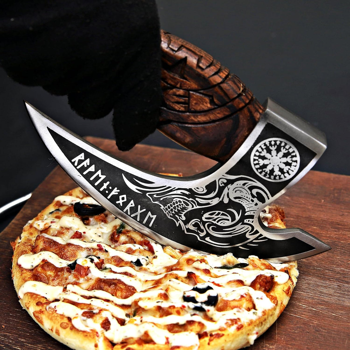MR. CRAFT Pizza Cutter Axe Rocker Carbon Steel Slicer Chef Pizza Cutter Viking Axe with Leather Cover - Premium Pizza Oven Accessories Ulu Rocking Pizza Gift Gifts for Men (Royal Skull)