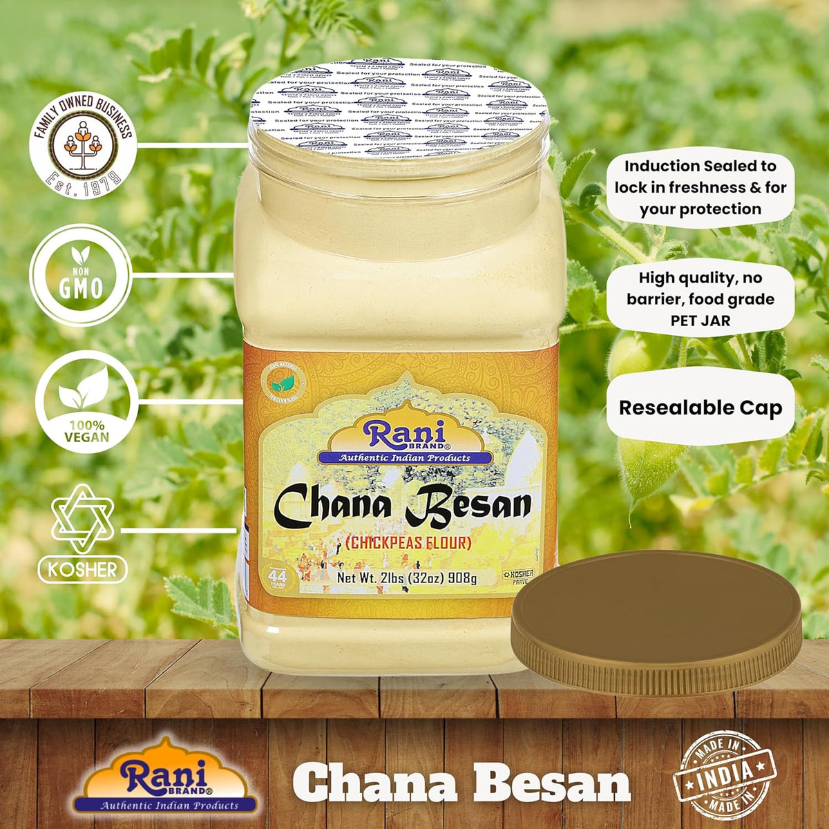 Rani Chana Besan (Chickpeas Flour, Gram) 32oz (2lbs) 908g PET Jar ~ All Natural | Vegan | Gluten Friendly | NON-GMO | Kosher | Indian Origin