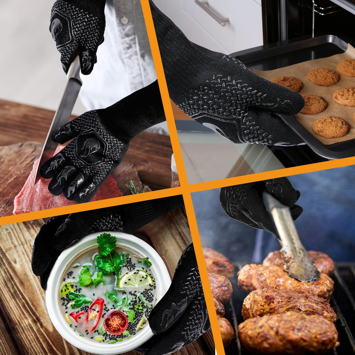 BBQ Fireproof Gloves, Grill Cut-Resistant Gloves 1472°F Heat Resistant Gloves, Non-Slip Silicone Oven Gloves, Kitchen Safe Cooking Gloves for Oven Mitts,Barbecue,Cooking, Frying,13.5 Inch-Black