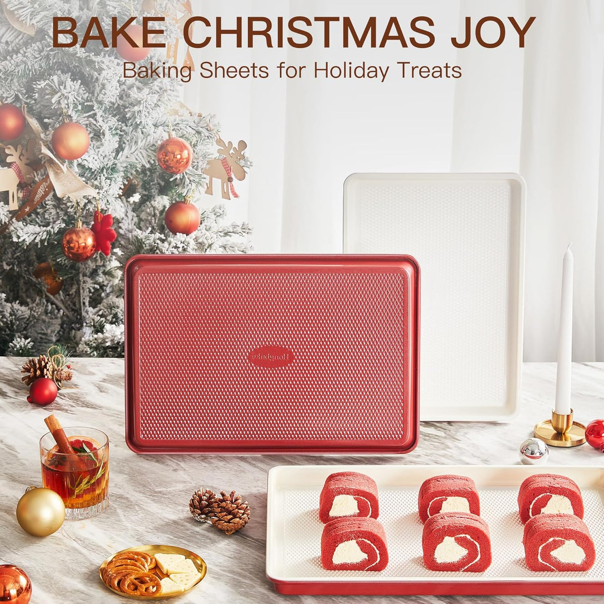 HONGBAKE 3 Pack Nonstick Ceramic Baking Sheet Pan Set for Oven, Non-Toxic Half/Quarter/Jelly Roll Pans with Diamond Texture, 0.8mm Aluminized Steel Cookie Trays for Cooking, Christmas Red & Cream