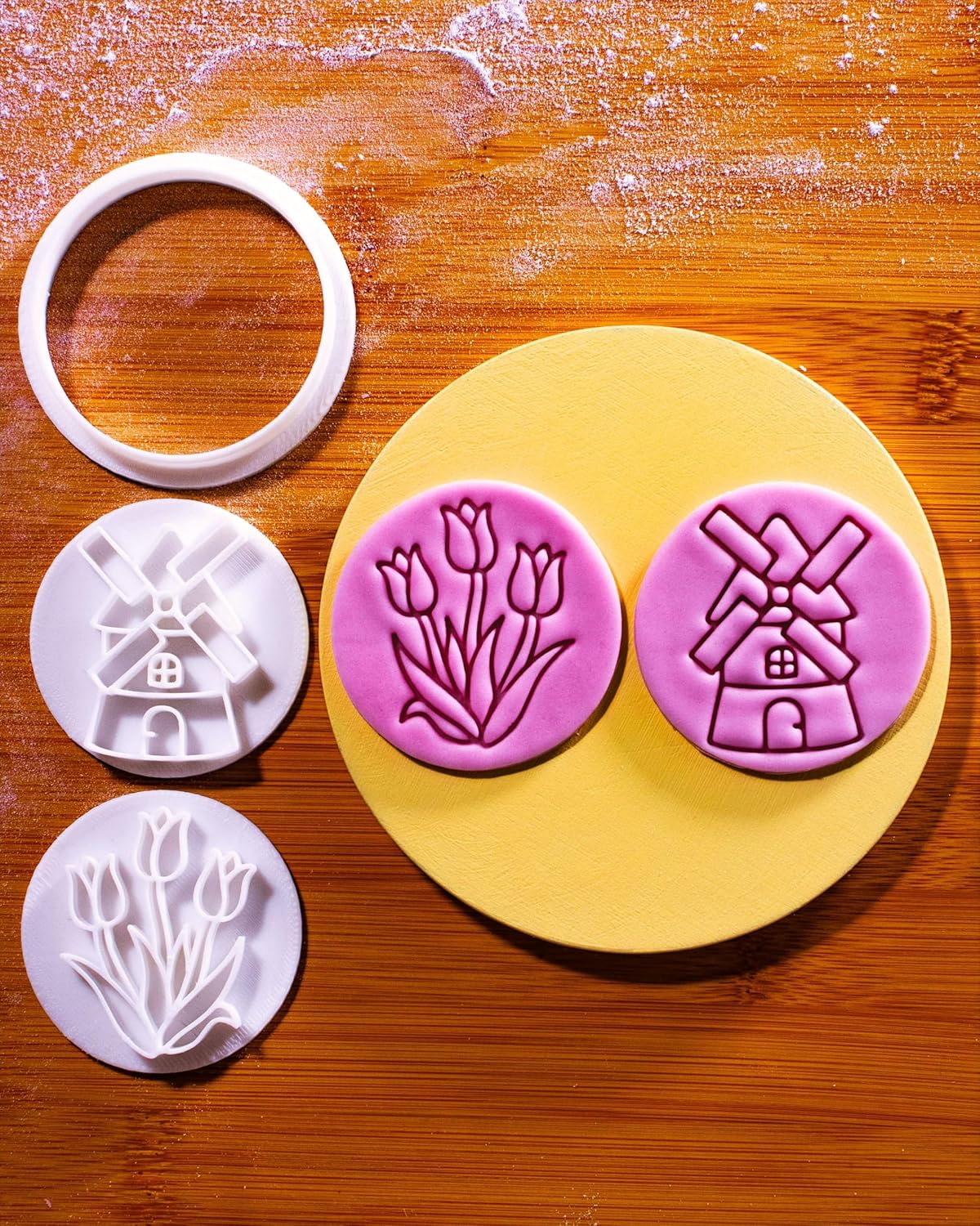 BAKERLOGY Spring Whispers - Mini 2" Cookie Cutter & Stamp Set - Tulip Garden & Windmill Design for Easter & Spring Cookies, Cupcakes & Fondant Decorations