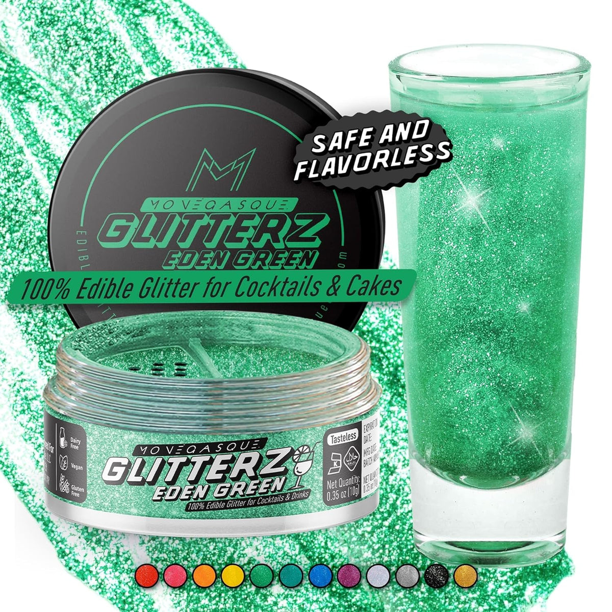 MONÉGASQUE Eden Green Edible Glitter for Drinks 10g – Edible Glitter for Cakes & Cocktails – Food Coloring Spray for Halloween Cake Decorations – Cocktail Drink Shimmer – Green Sprinkles for Cake