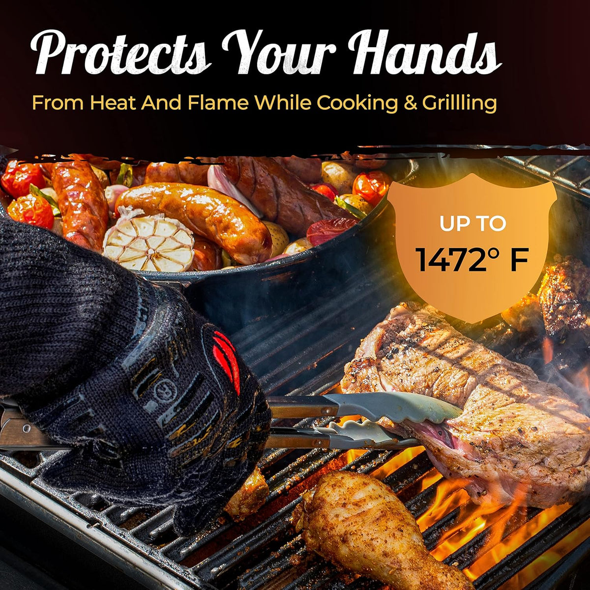 GRILL HEAT AID BBQ Grill Gloves Heat Proof for Grilling – Fireproof 1472°F Heat-Resistant Grill Mitts for Outdoor Barbecue and Smoker, Campfire, Fire Pit, Oven Glove with Fingers for Baking Pizza
