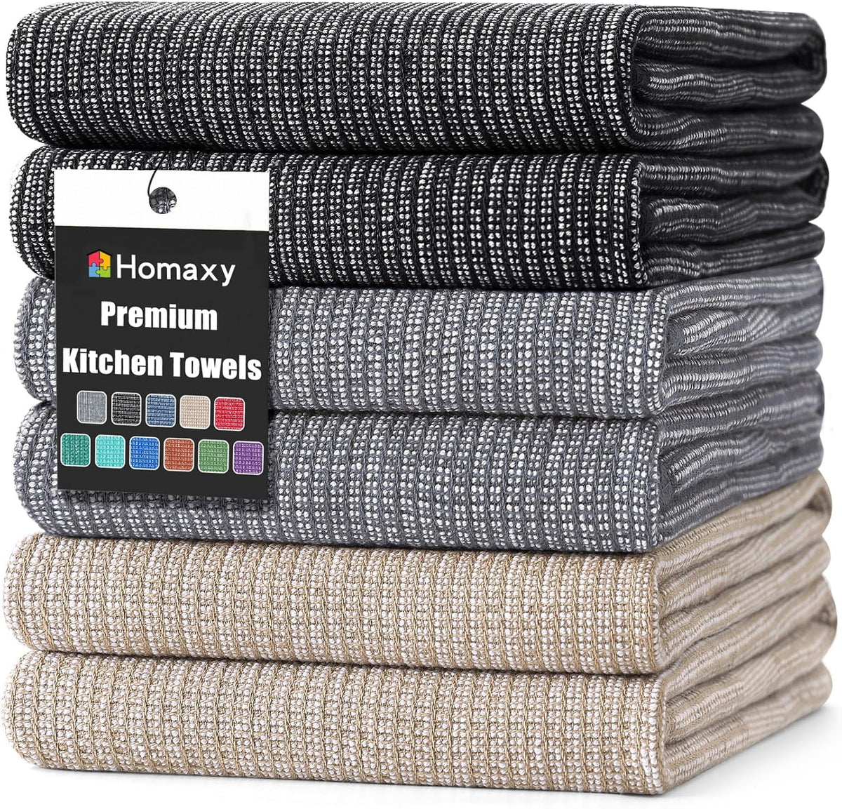 Homaxy Premium Kitchen Towels(18”x 28”, 6 Pack), Large Cotton Kitchen Hand Towels, Flat and Terry Dish Towels, 380 GSM Highly Absorbent Tea Towel Set with Hanging Loop, Grey/Khaki/Black