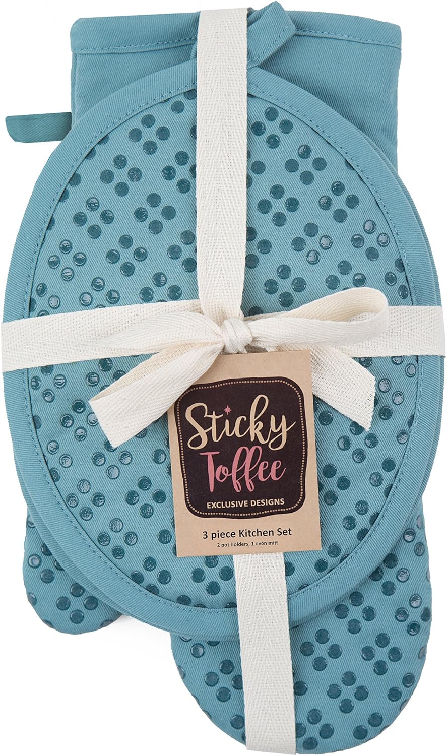 Sticky Toffee Oven Mitt and Pot Holder Set of 3 – Blue Non-Slip Kitchen Hot Pads and Mitts with Silicone Grip, 100% Cotton Shell, Oeko-Tex Cotton